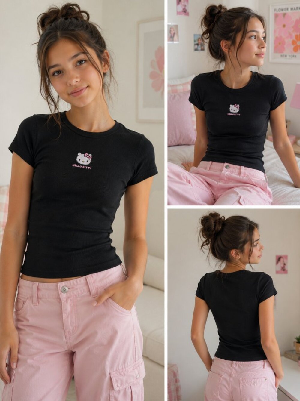 Hello Kitty Ribbed Baby Tee, Girls XL (14), Black